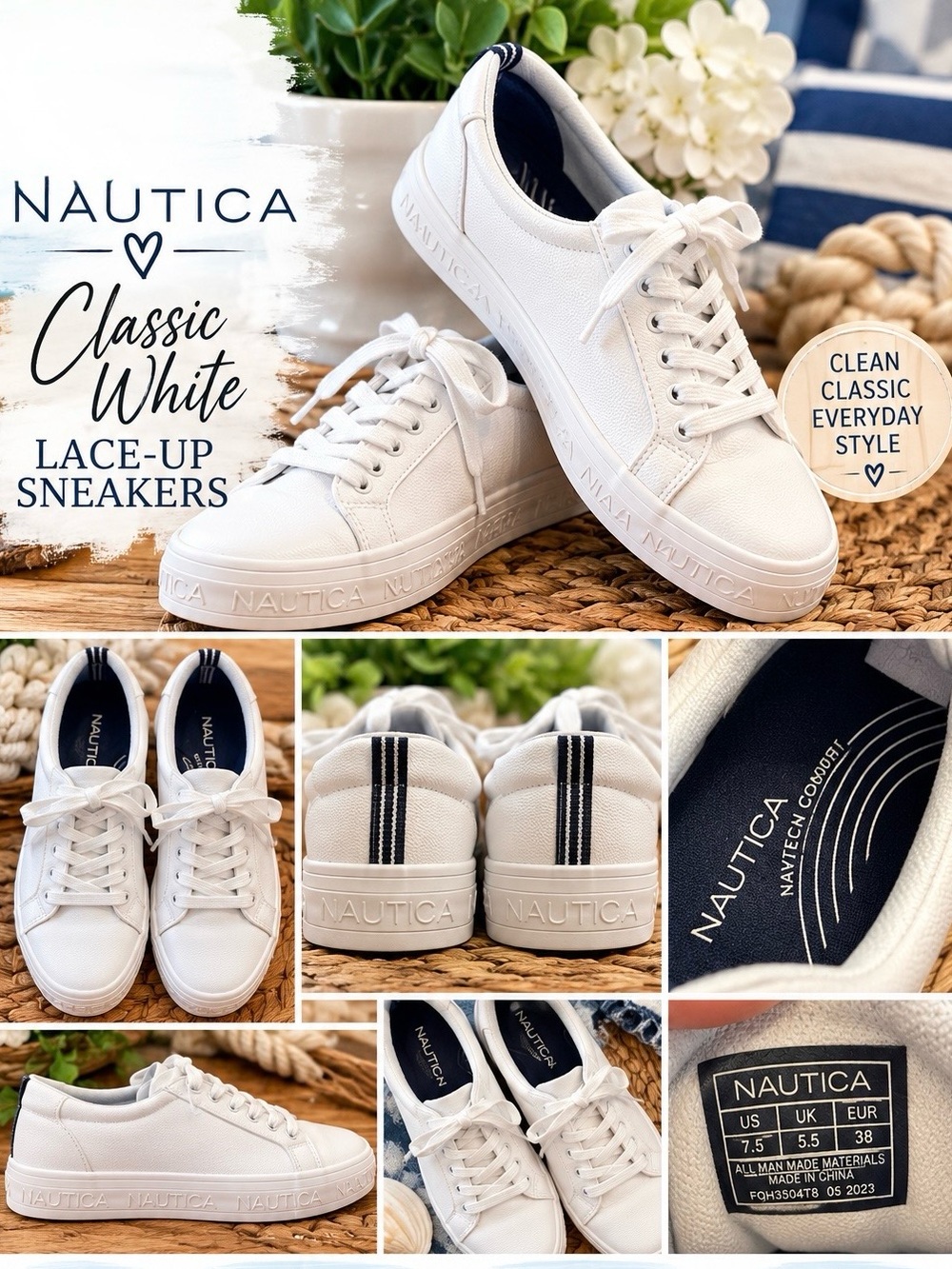 Nautica Classic White Lace-Up Sneakers